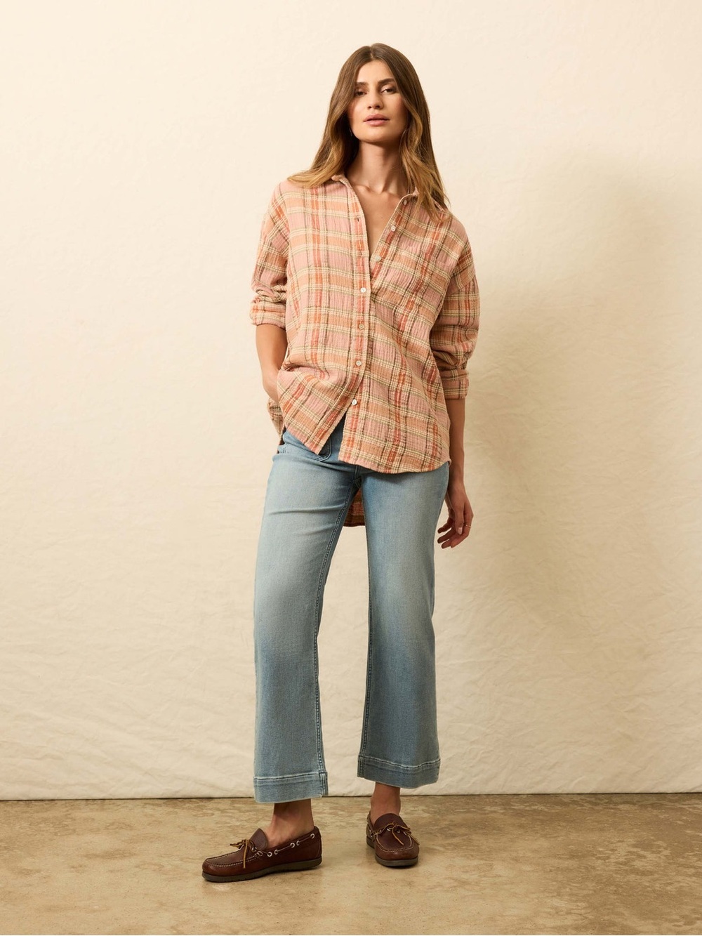 FAHERTY Dune Cotton Gauze Relaxed Shirt - Tinted Rose Water Plaid